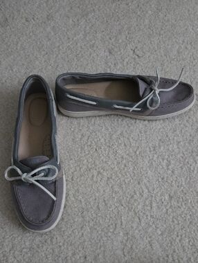 Sperry Slate Gray & Mauve Canvas & Leather Boat Loafers with Lace Bow